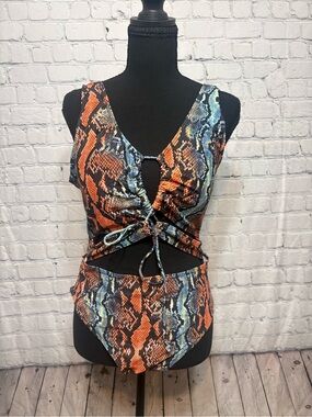 Snake Print Cutout One-Piece Swimsuit - Orange & Blue